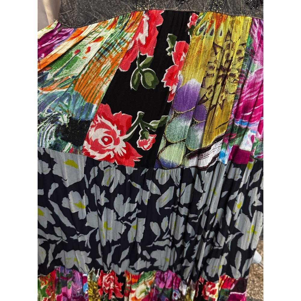 030 Young Threads Mixed Media Patchwork Beaded Boho Midi Dress Grey Floral M - Picture 3 of 9